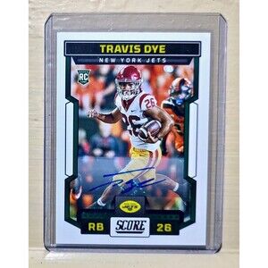 Travis Dye 2023 Panini NFL #329 Score Autograph Rookie Football Card Jets